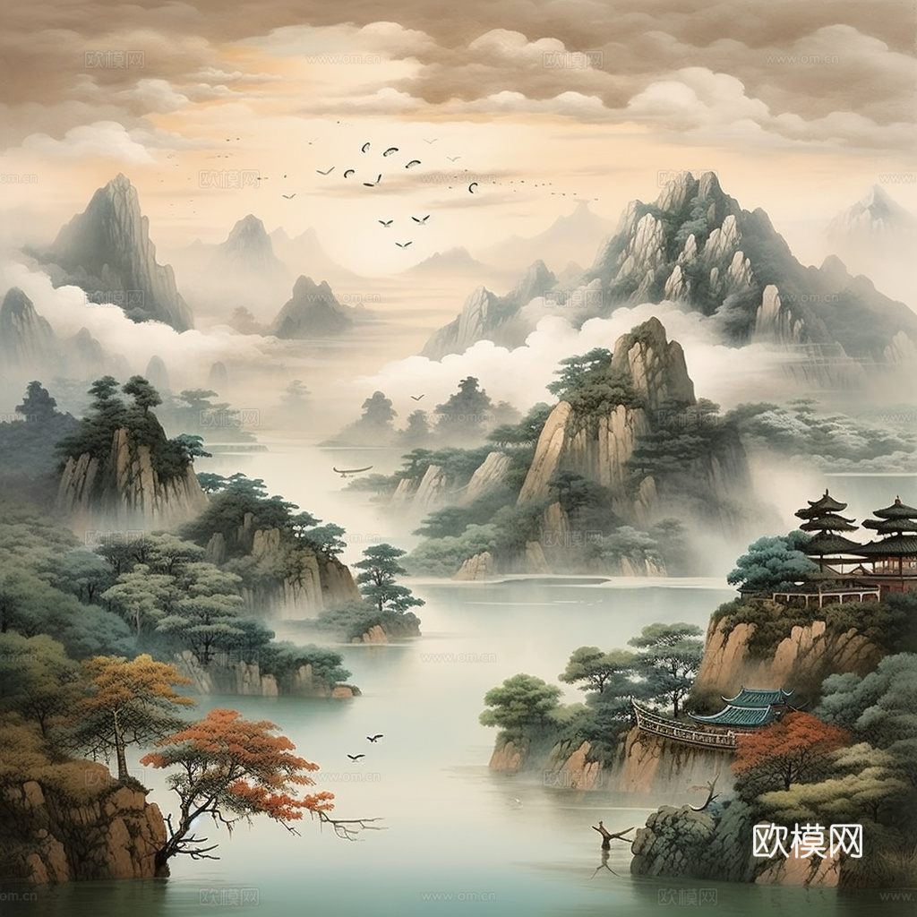 中式壁纸壁画壁纸装饰画贴图