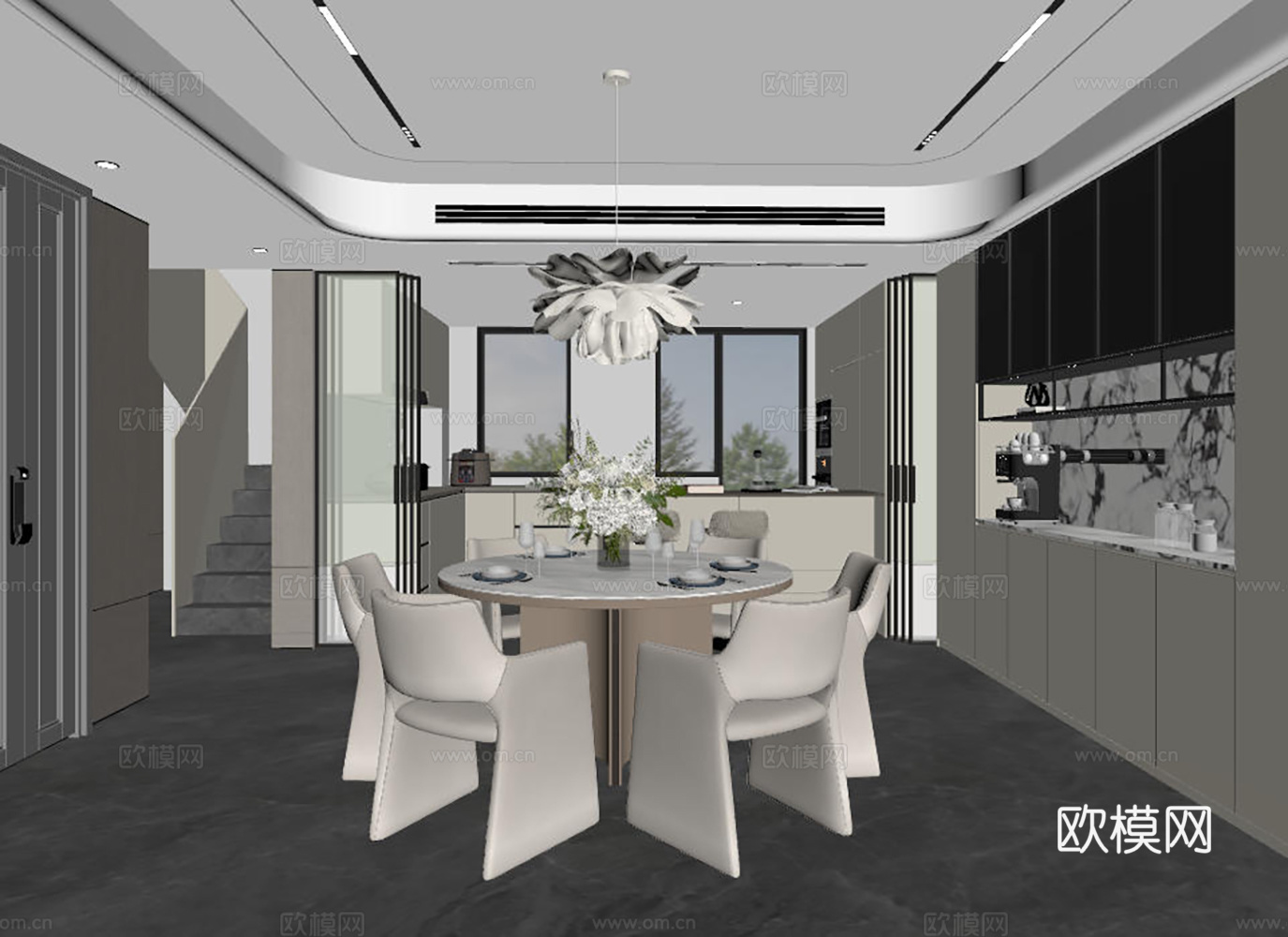 轻奢极简现代餐厅 圆桌餐厅 餐厅厨房su模型