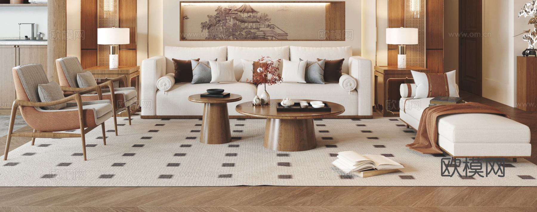 新中式沙发茶几组合3d模型下载