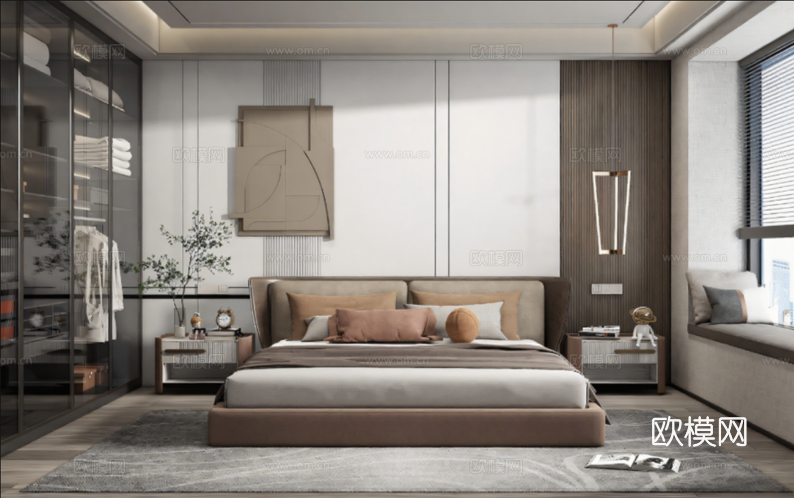 现代卧室_双人床_床头柜_吊灯_书桌椅_雕塑摆件su模型