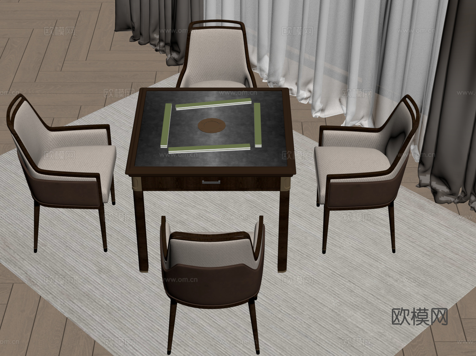 新中式麻将桌椅 棋牌桌椅su模型下载（渲染图2）