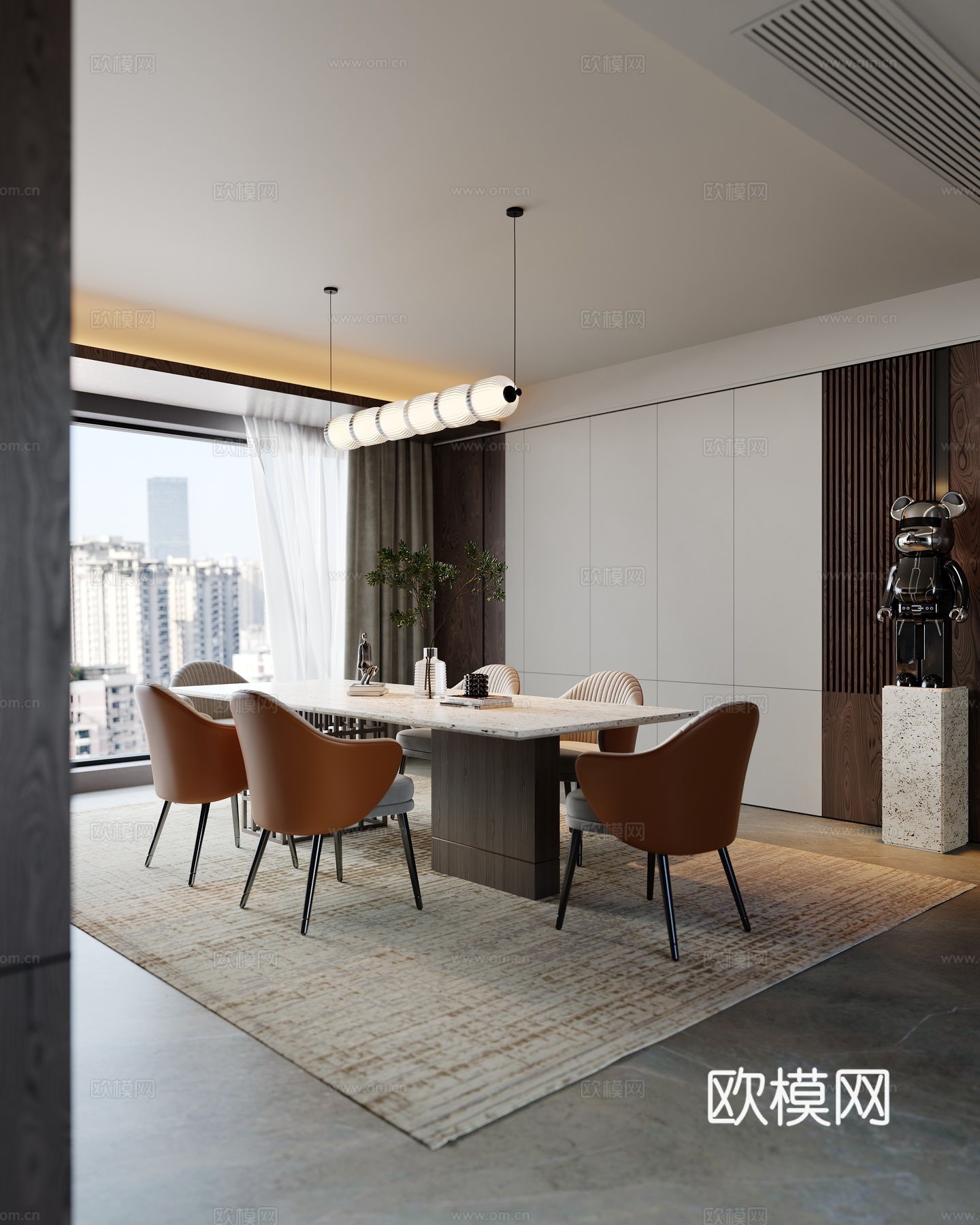 现代餐厅 餐桌椅 餐椅 吊灯 雕塑su模型