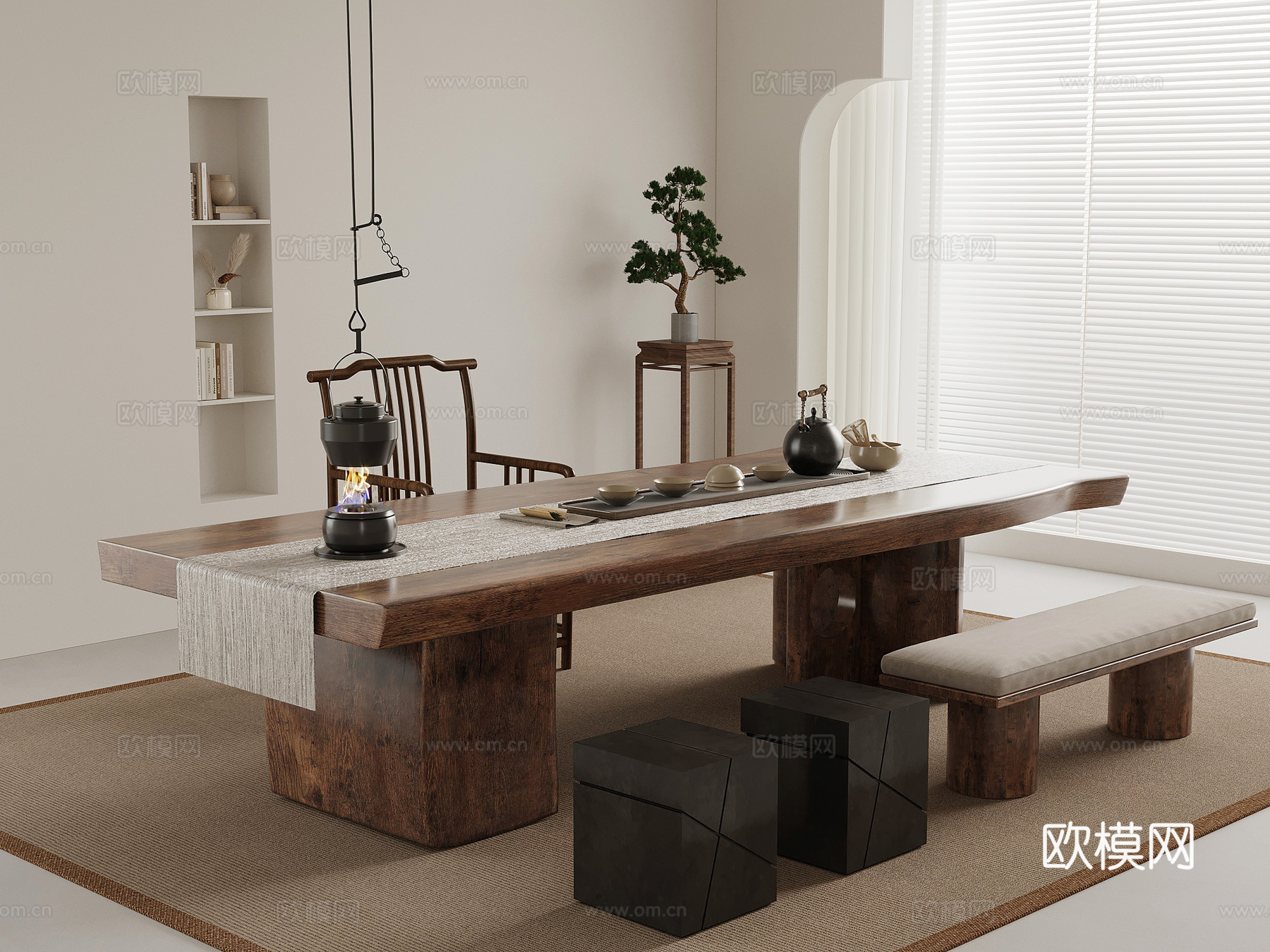 新中式茶桌椅 茶台su模型