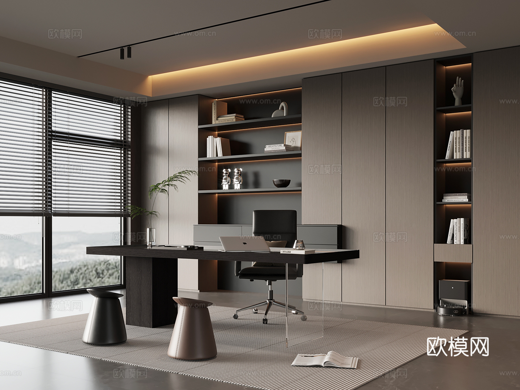 现代意式书房 书柜 书桌椅su模型