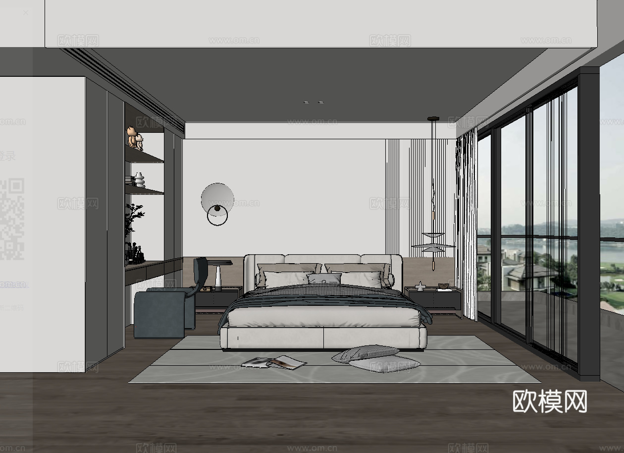 现代卧室_双人床_床头柜_吊灯_书桌椅_雕塑摆件su模型