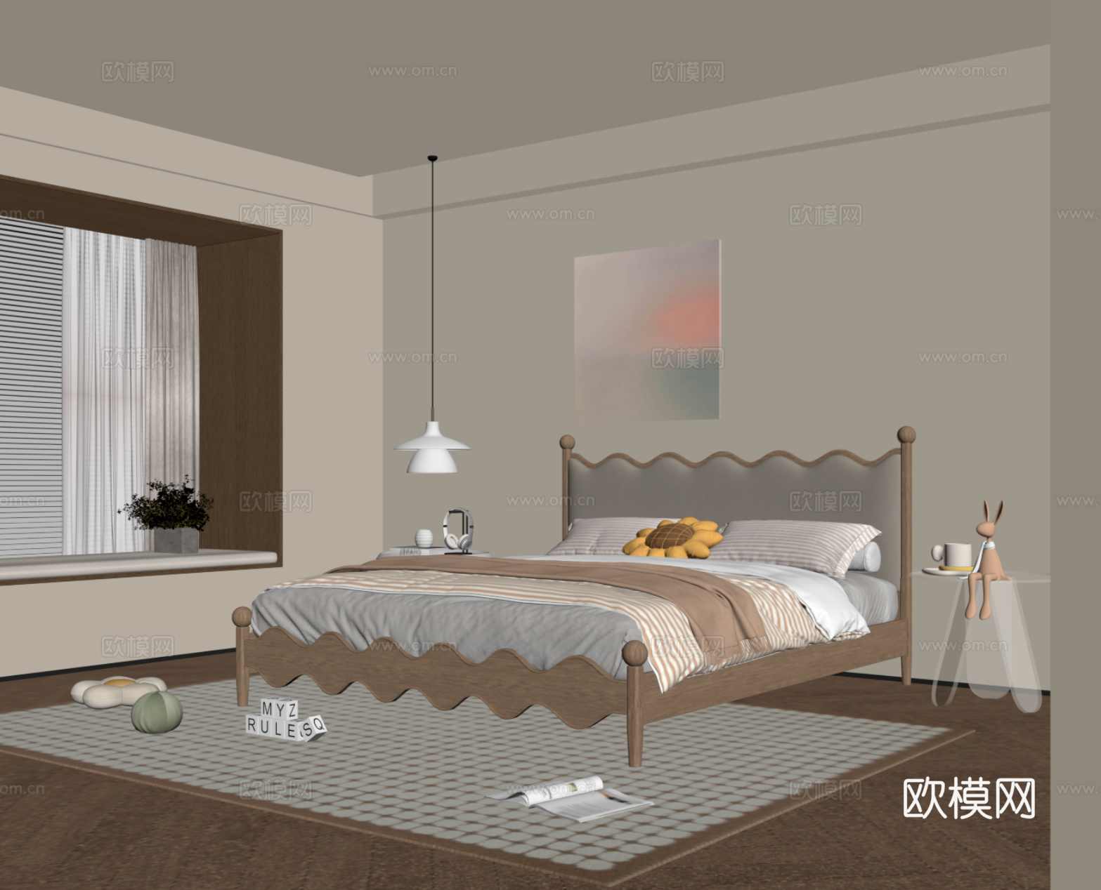 现代奶油风卧室 双人床 床头柜su模型
