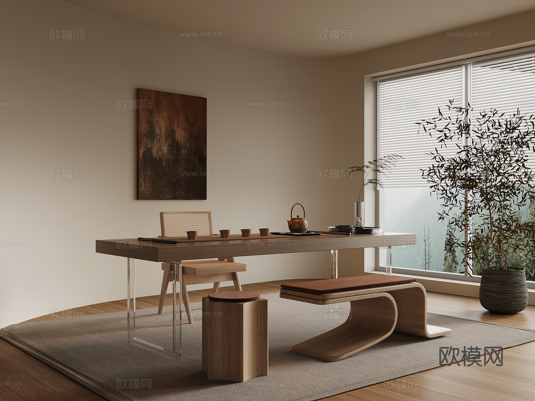 侘寂风茶桌椅 茶台su模型