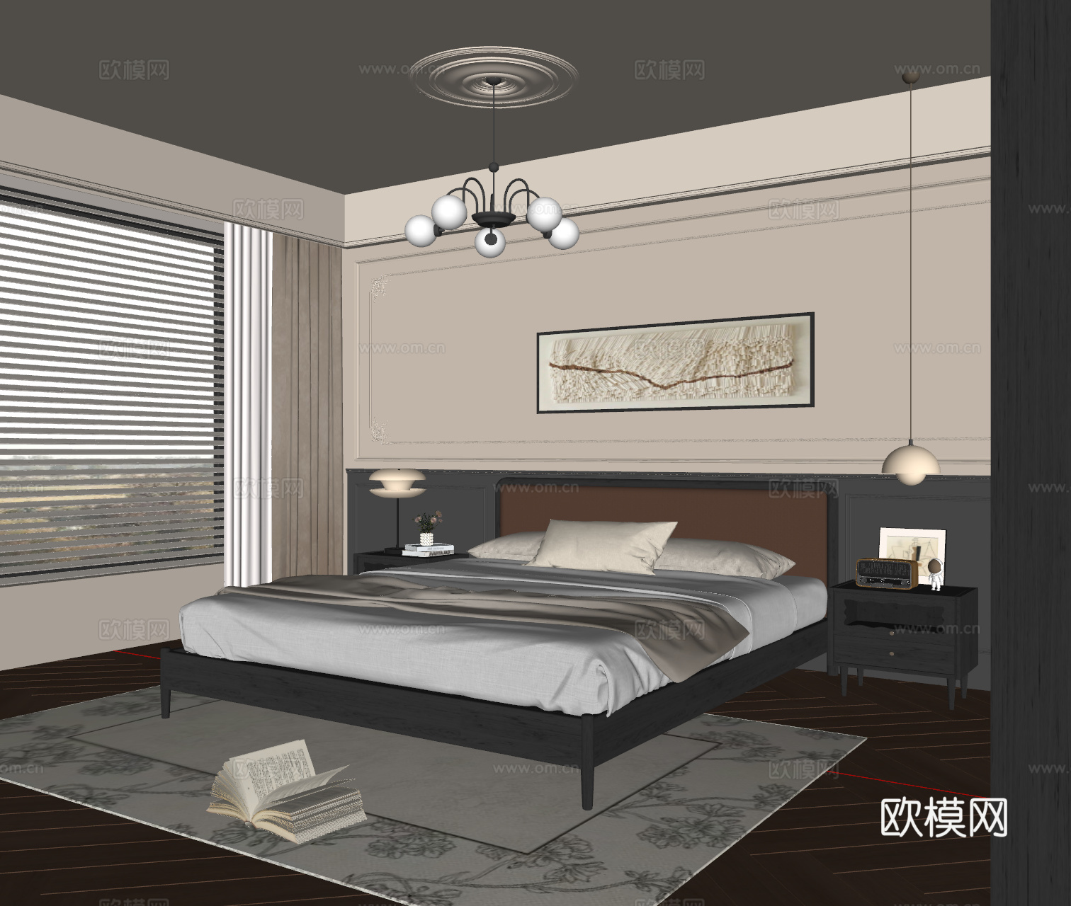 法式卧室 实木双人床 床头柜 吊灯 挂画 地毯su模型