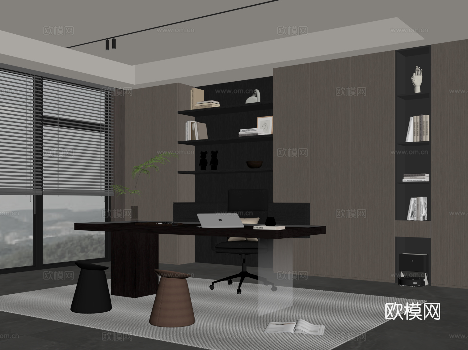 现代意式书房 书柜 书桌椅su模型