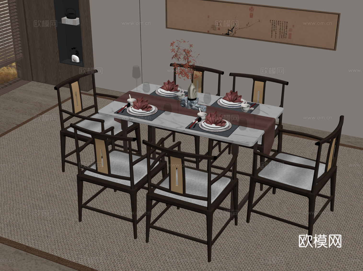 新中式餐桌椅su模型