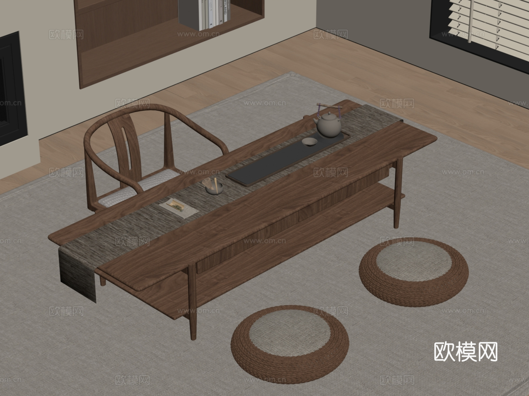 新中式榻榻米茶桌椅 茶台su模型