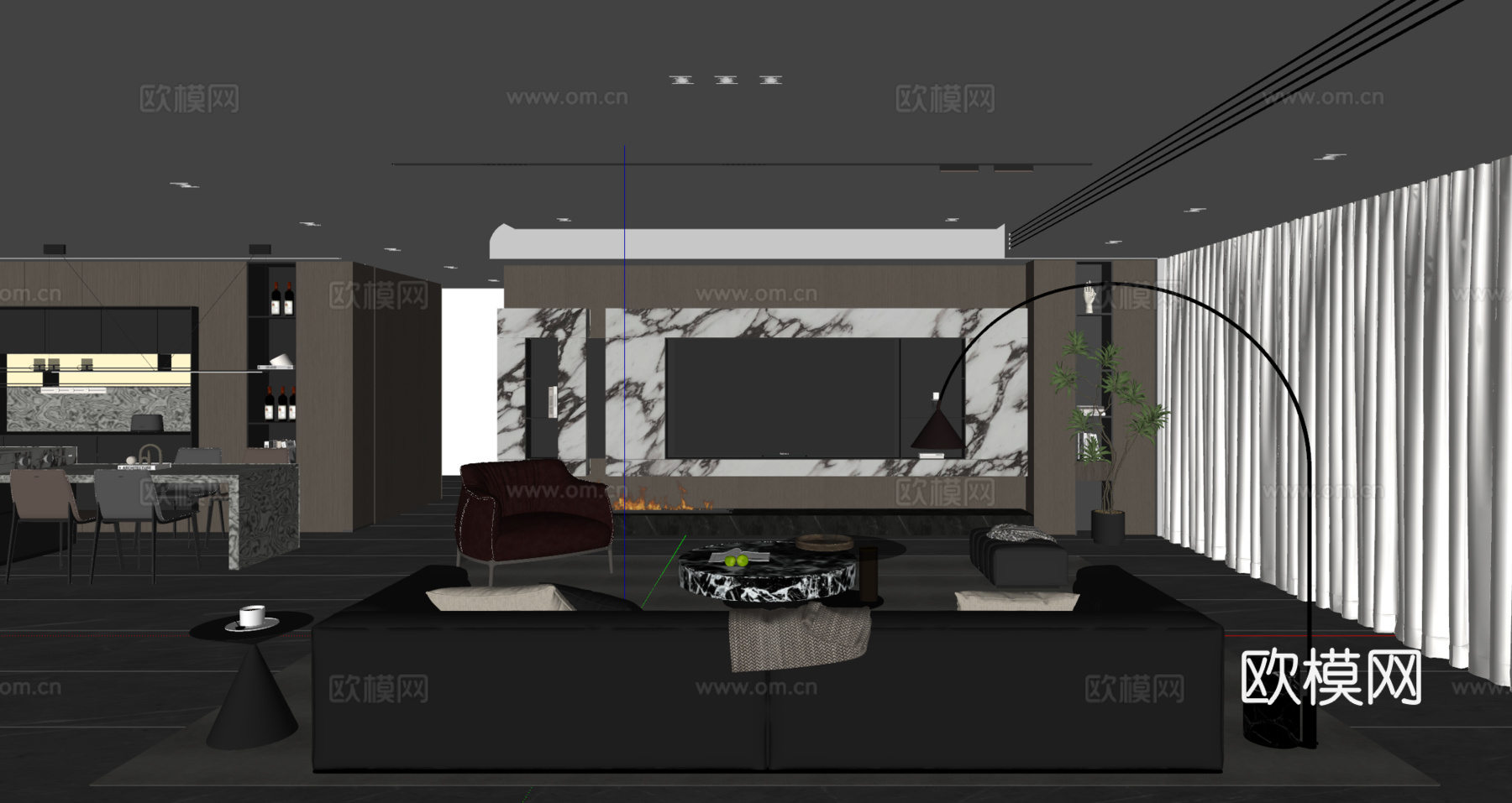 现代意式客餐厅 沙发茶几 餐桌椅 电视背景墙 餐边柜su模型