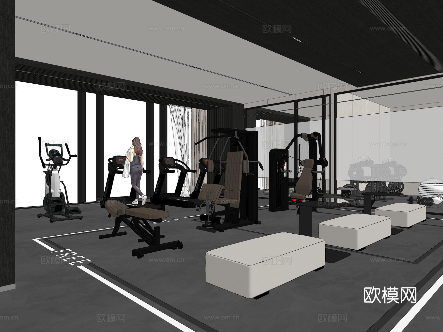 现代酒店健身房 健身器材 美女 沙发凳 瑜伽室su模型
