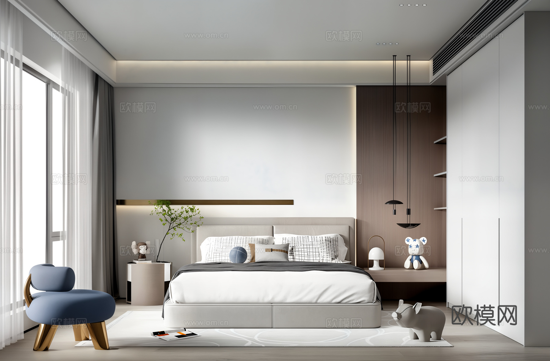 现代卧室_双人床_床头柜_吊灯_书桌椅_雕塑摆件su模型