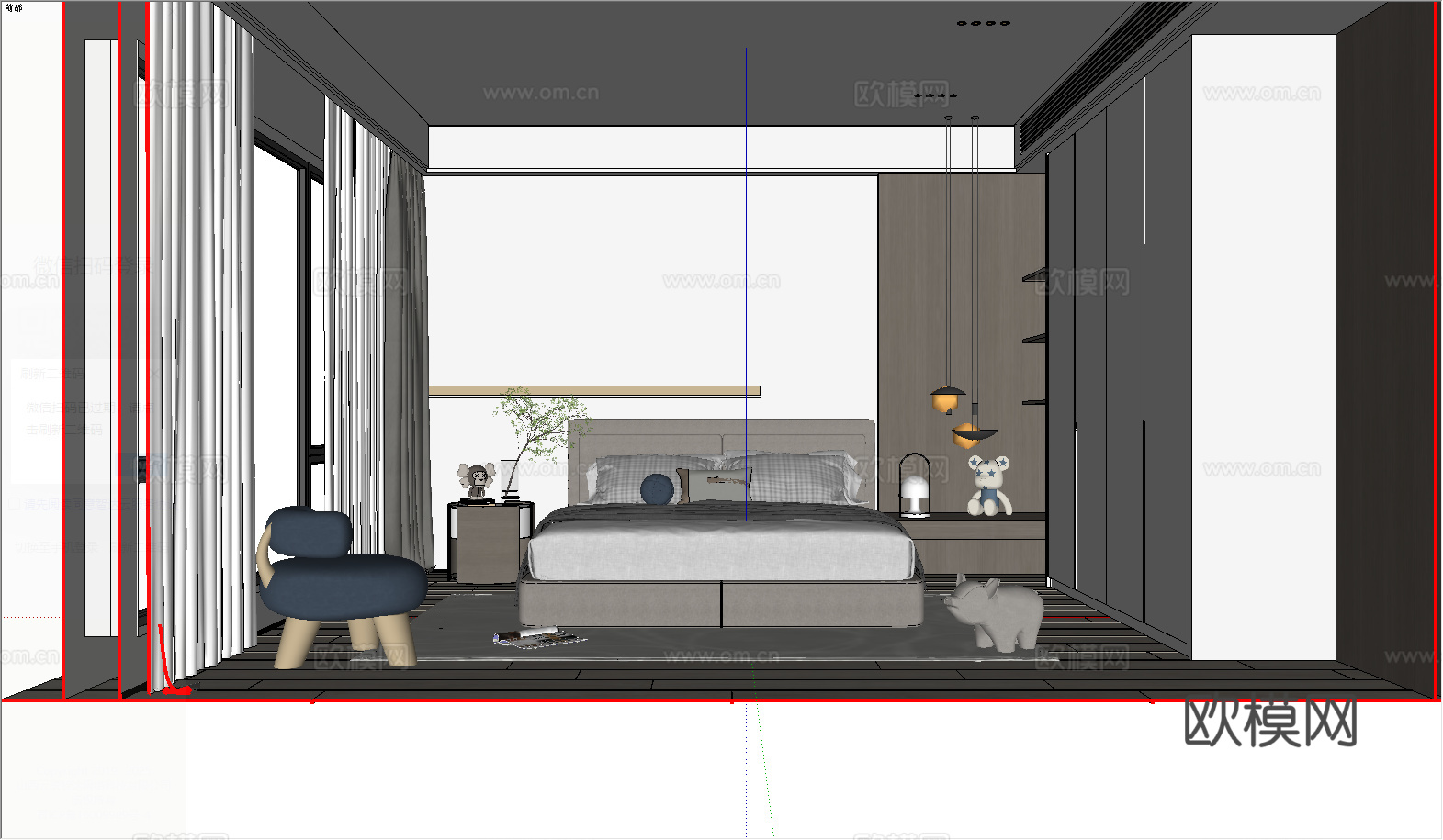 现代卧室_双人床_床头柜_吊灯_书桌椅_雕塑摆件su模型