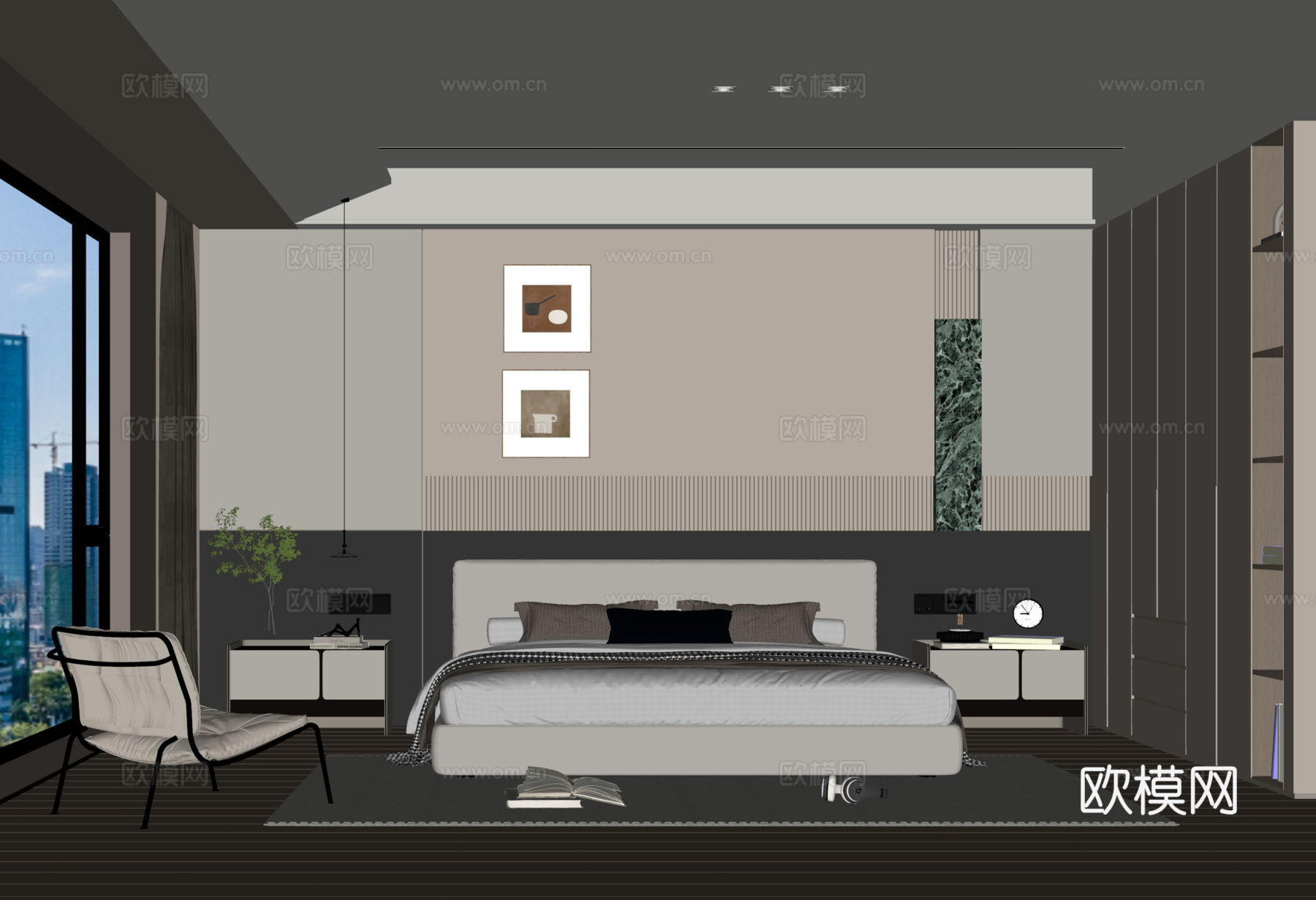 现代意式卧室 双人床 衣柜su模型