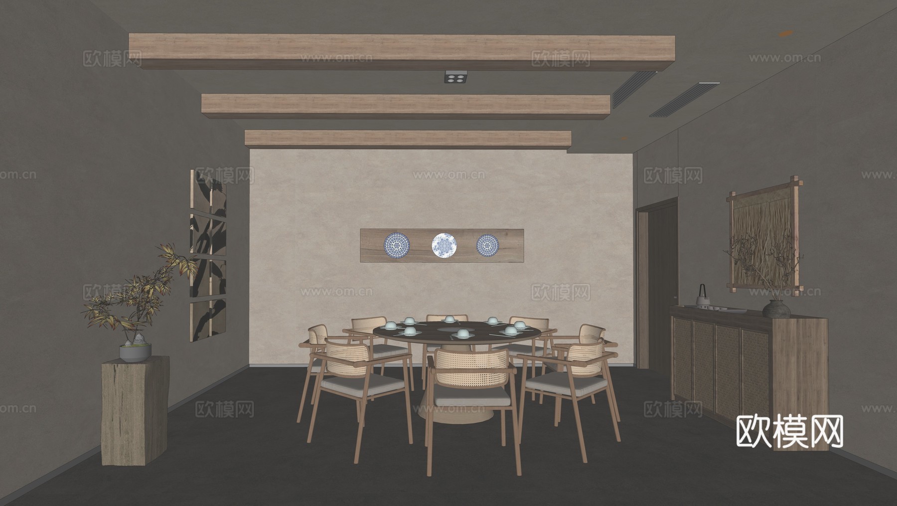 新中式复古包厢_新中式餐厅_新中式包间_餐厅包间_餐桌椅su模型