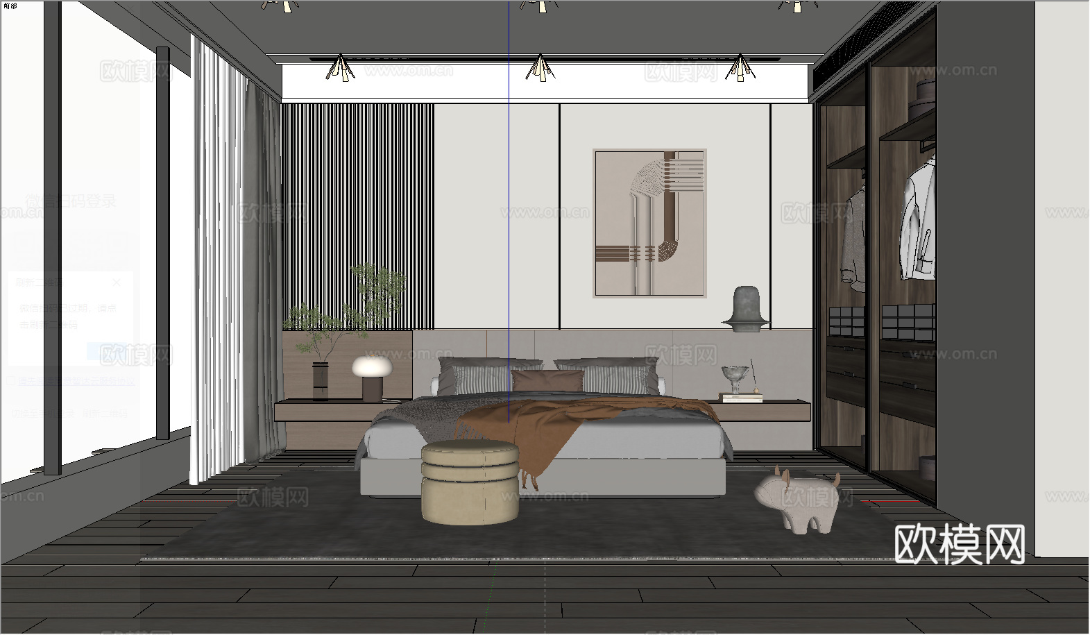 现代卧室_双人床_床头柜_吊灯_书桌椅_雕塑摆件su模型