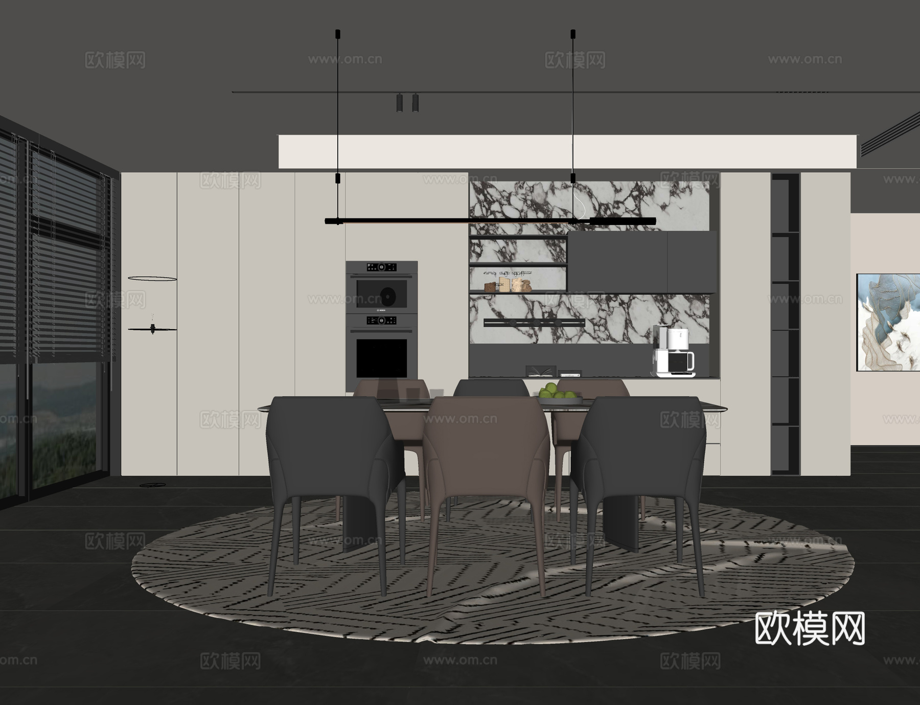 现代餐厅 现代餐边柜 餐桌椅组合 意式餐厅su模型