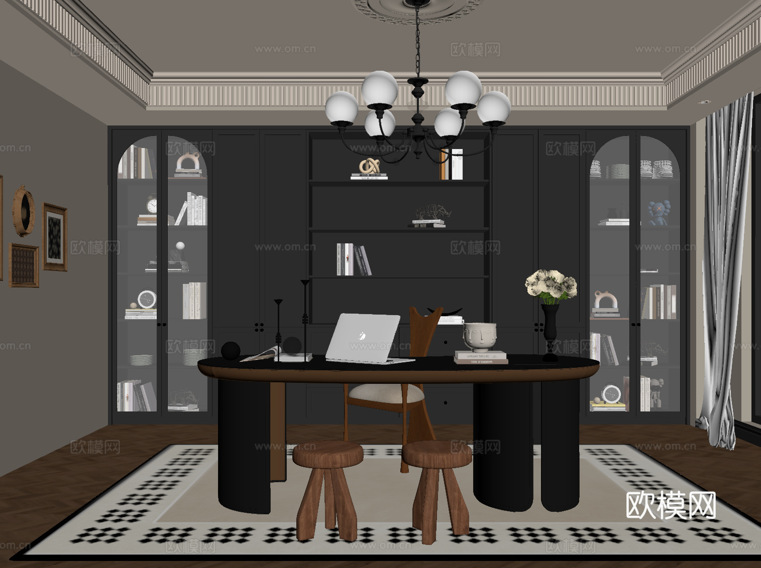 法式复古风书房 书柜 书桌椅组合su模型