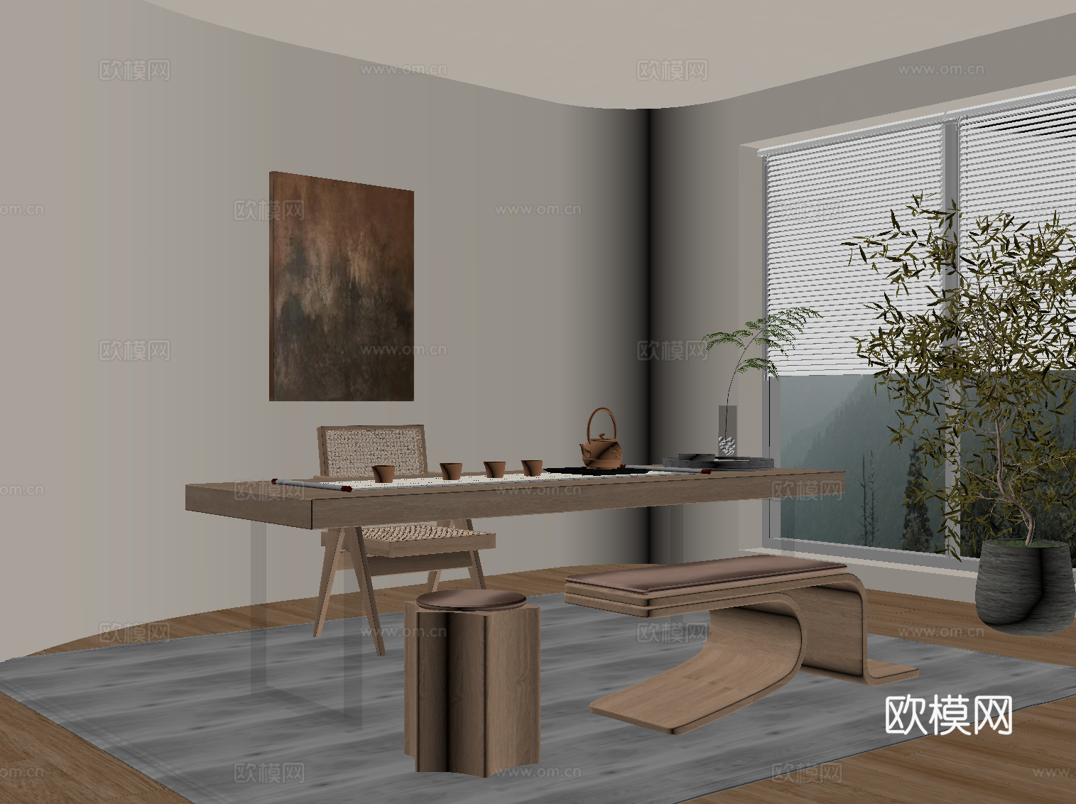 侘寂风茶桌椅 茶台su模型