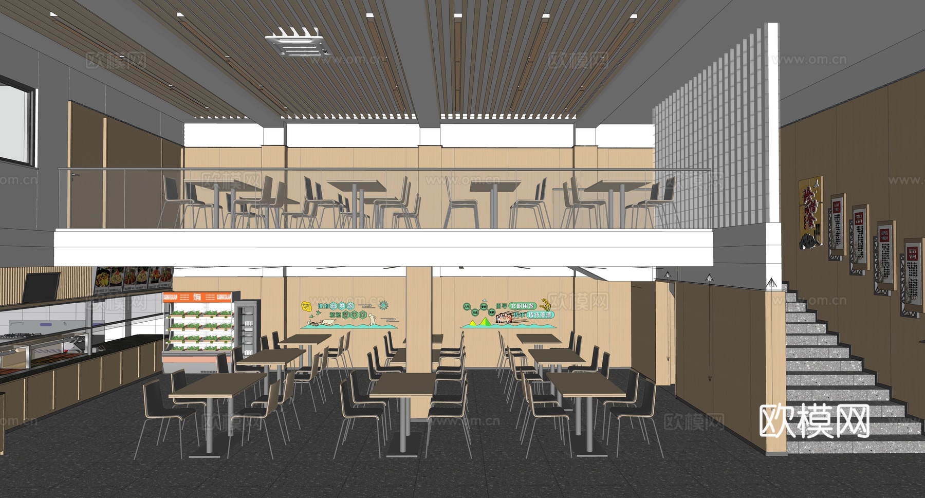 现代极简食堂_食堂明档_现代餐厅_现代厨房_厨房_餐厅su模型