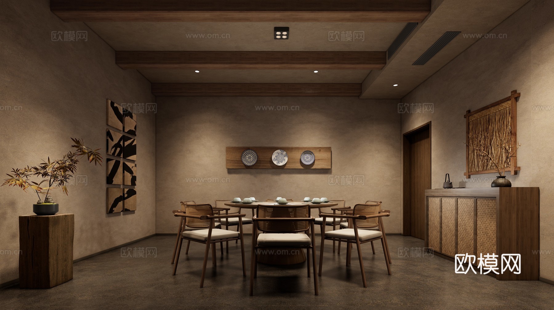 新中式复古包厢_新中式餐厅_新中式包间_餐厅包间_餐桌椅su模型