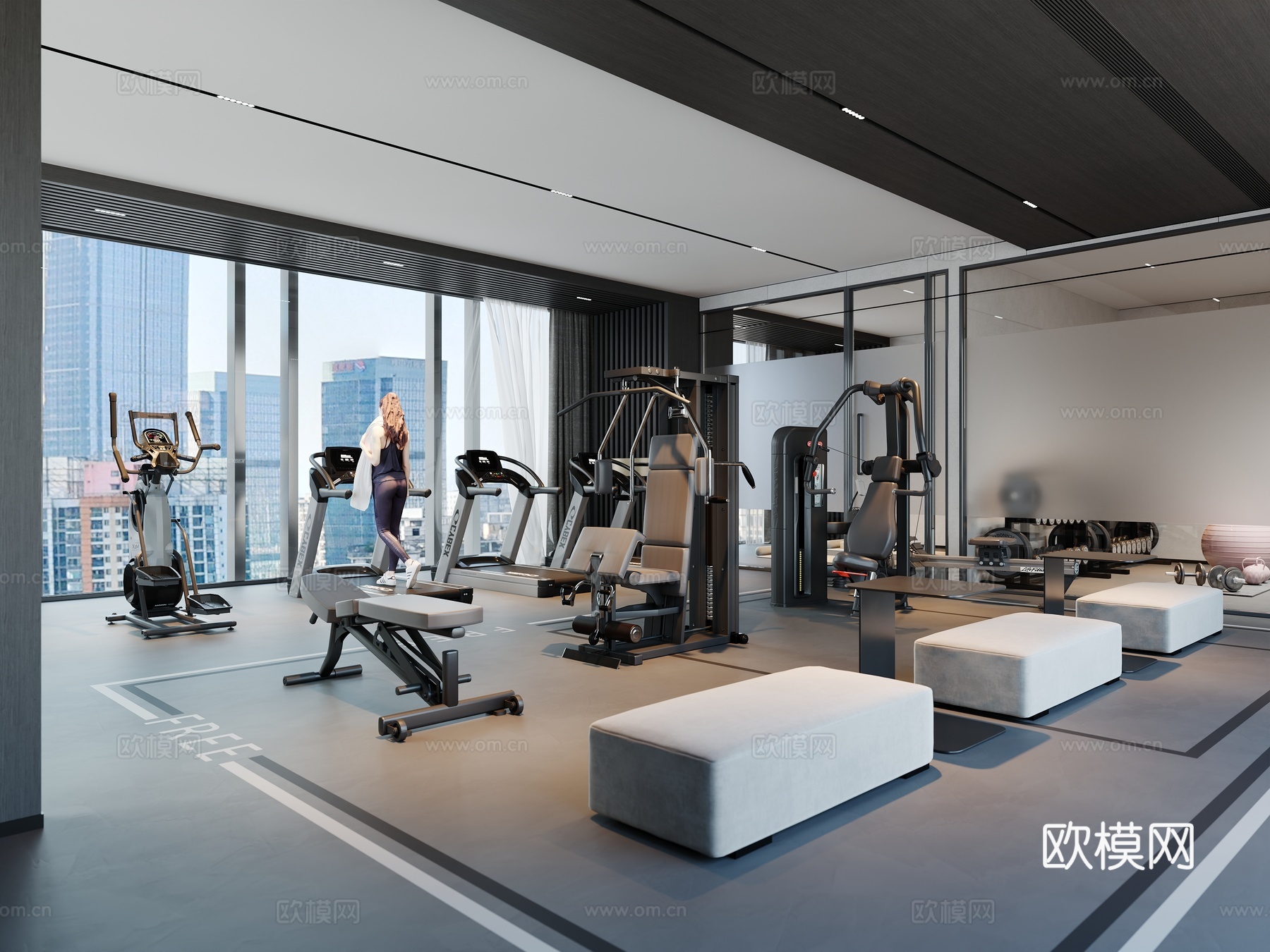 现代酒店健身房 健身器材 美女 沙发凳 瑜伽室su模型
