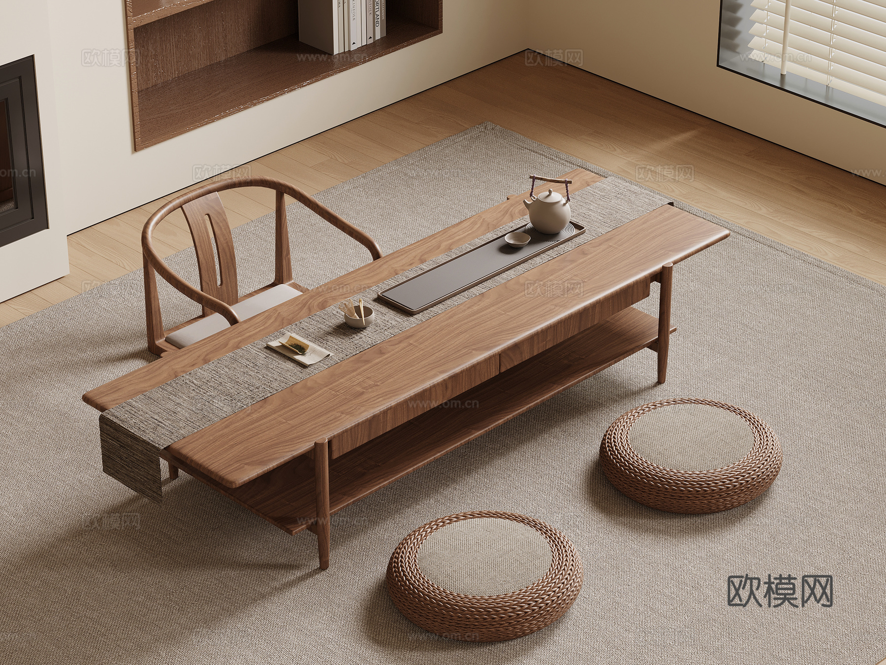 新中式榻榻米茶桌椅 茶台su模型