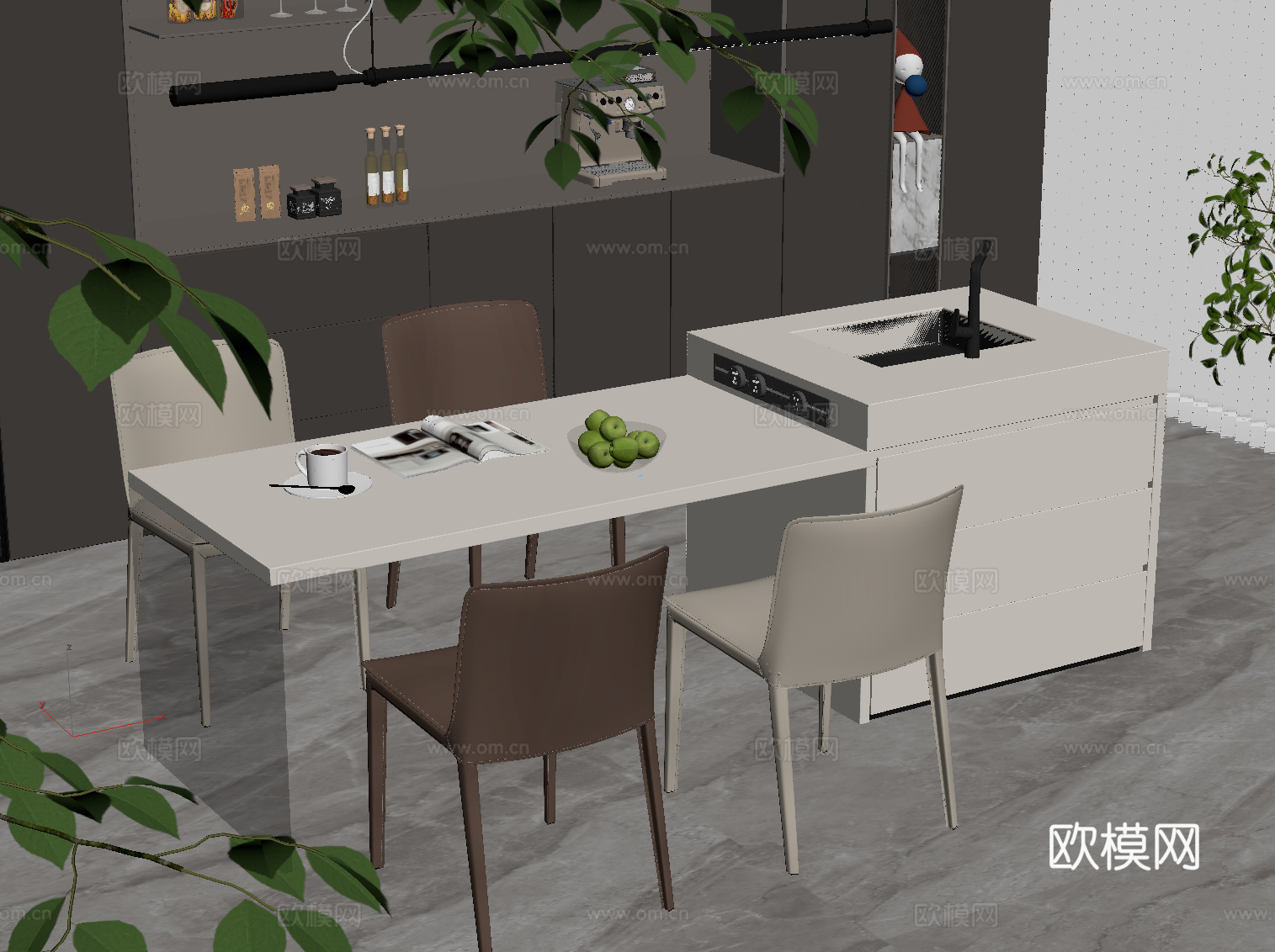 现代意式岛台 餐桌椅su模型