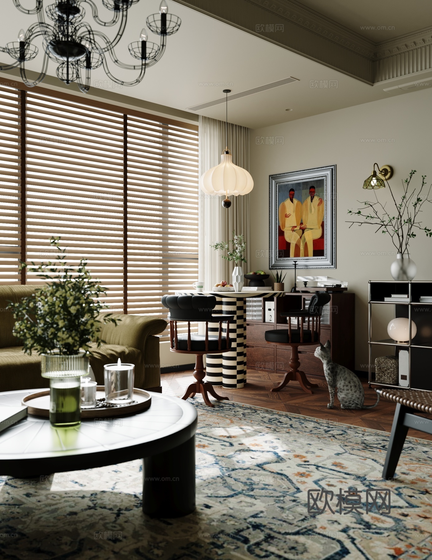 法式中古家居客厅 中古奶油风客厅 玄关柜 斗柜 USM边柜su模型