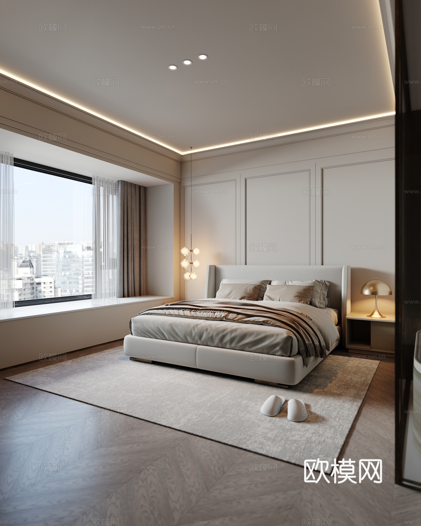 现代卧室 双人床 吊灯 台灯 主卧 老人房su模型