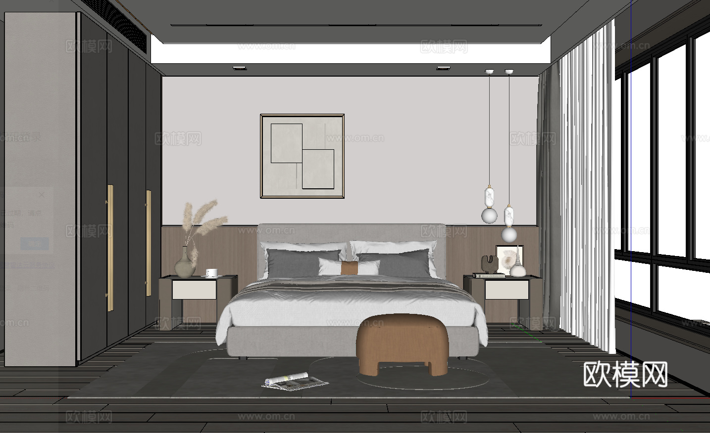 现代卧室_双人床_床头柜_吊灯_书桌椅_雕塑摆件su模型