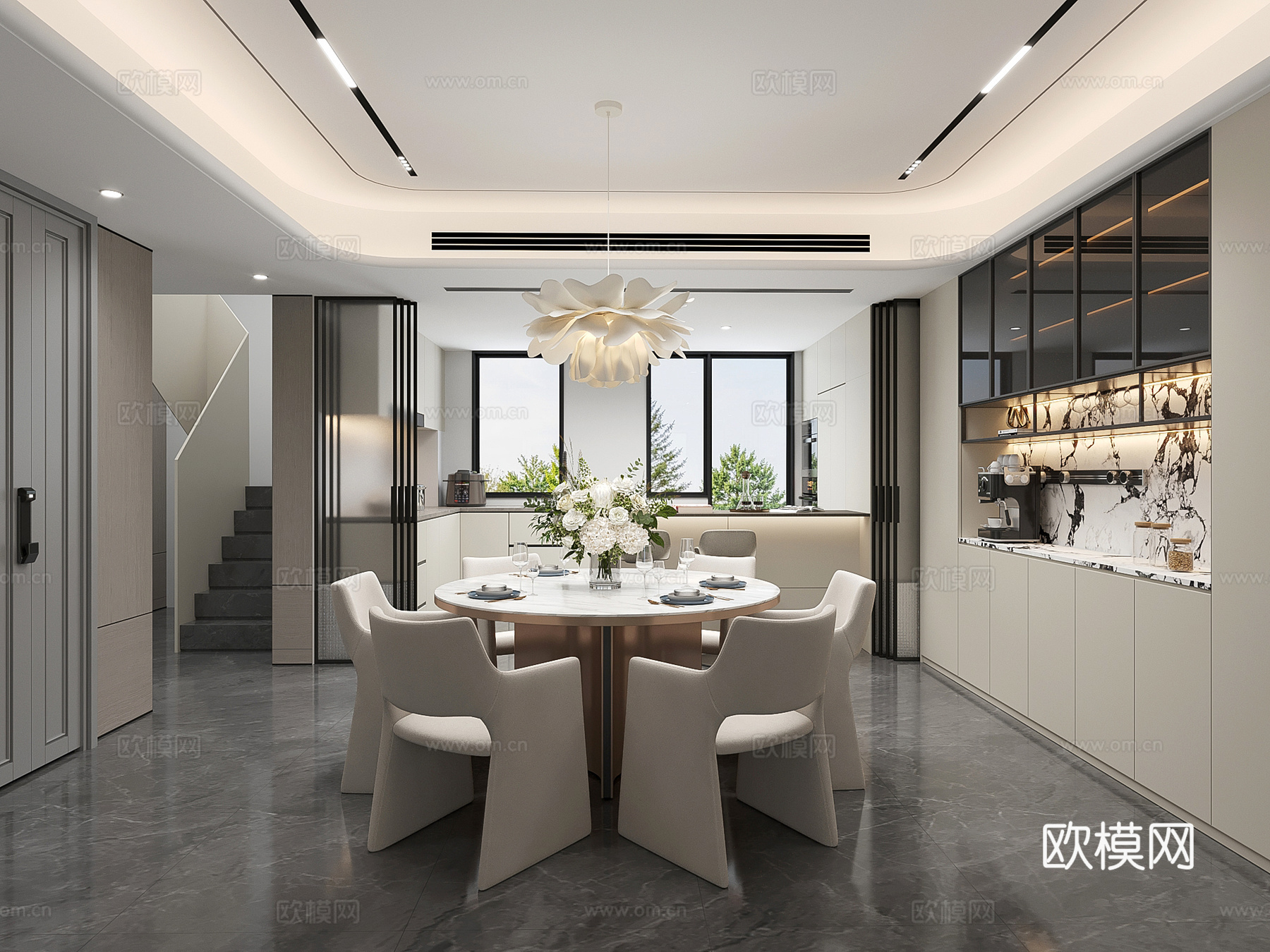 轻奢极简现代餐厅 圆桌餐厅 餐厅厨房su模型