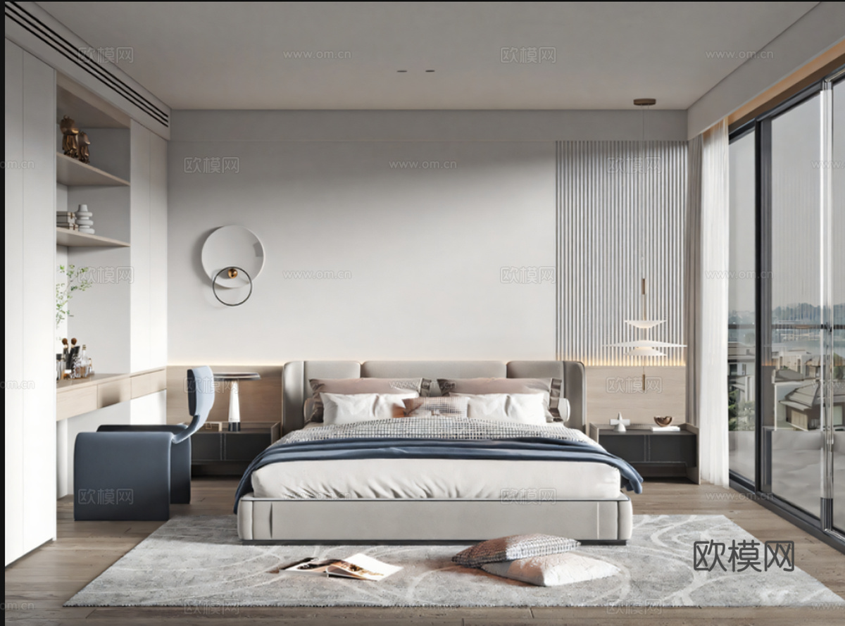 现代卧室_双人床_床头柜_吊灯_书桌椅_雕塑摆件su模型