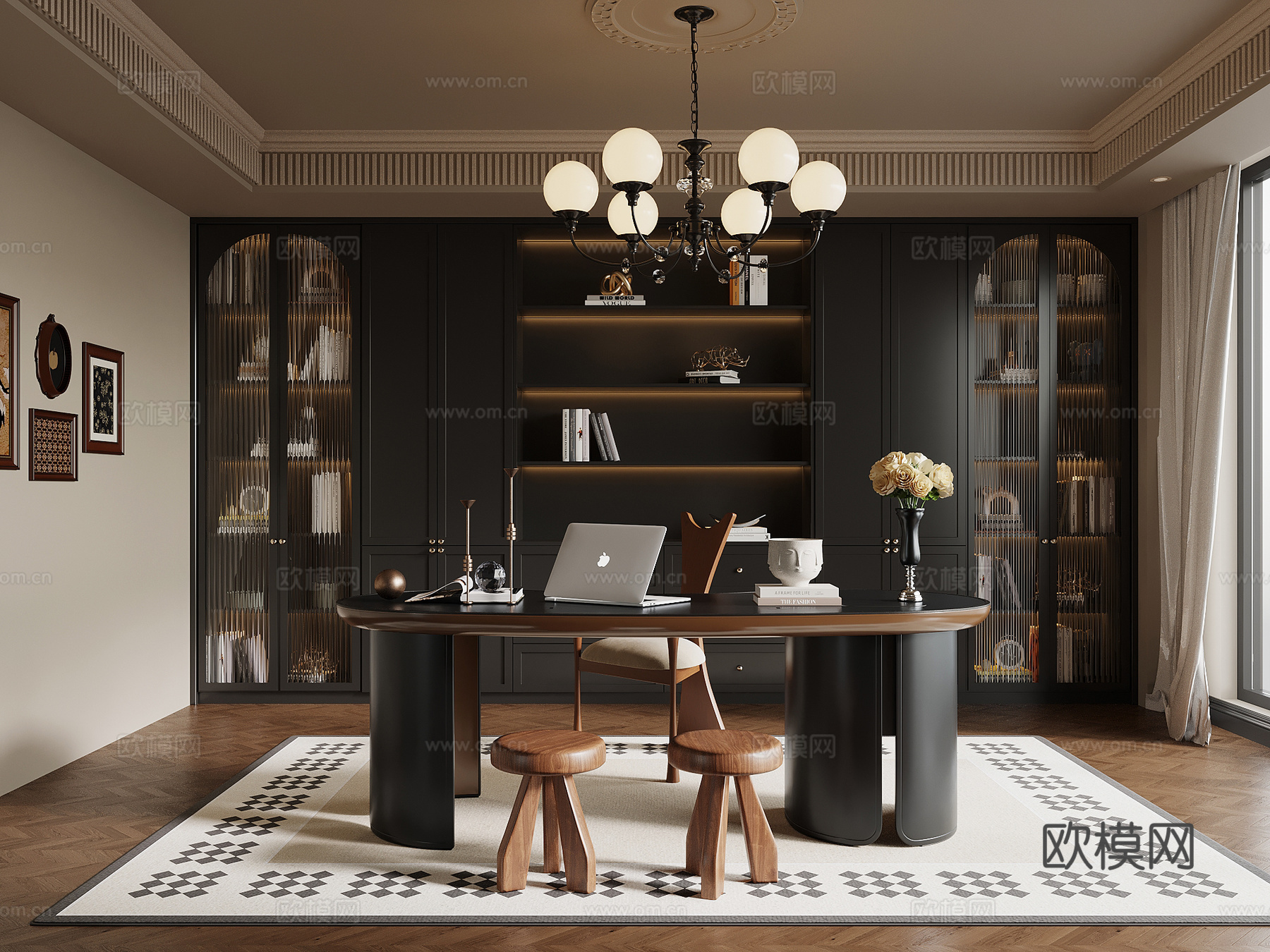 法式复古风书房 书柜 书桌椅组合su模型