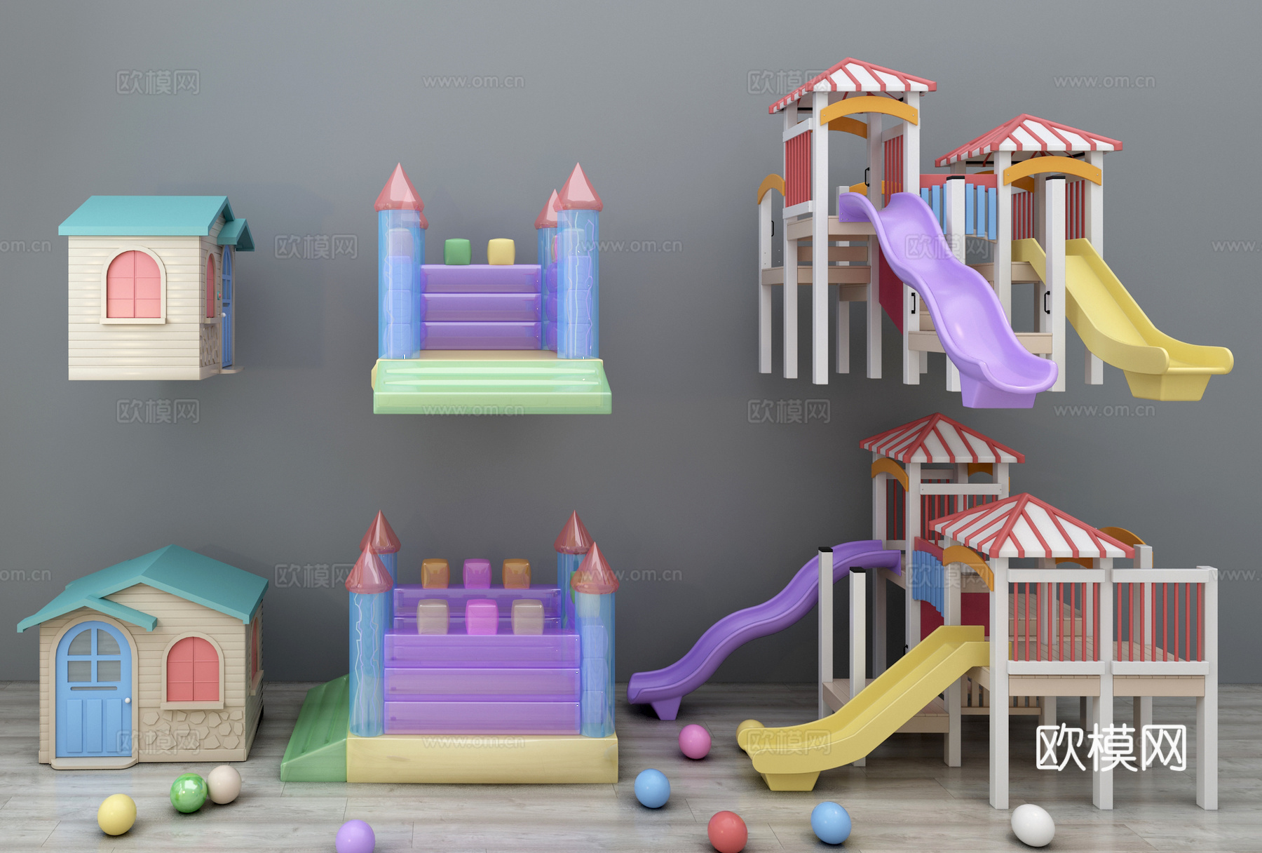 现代儿童滑滑梯蹦蹦床卡通建筑组合游乐设备游乐场3d模型下载