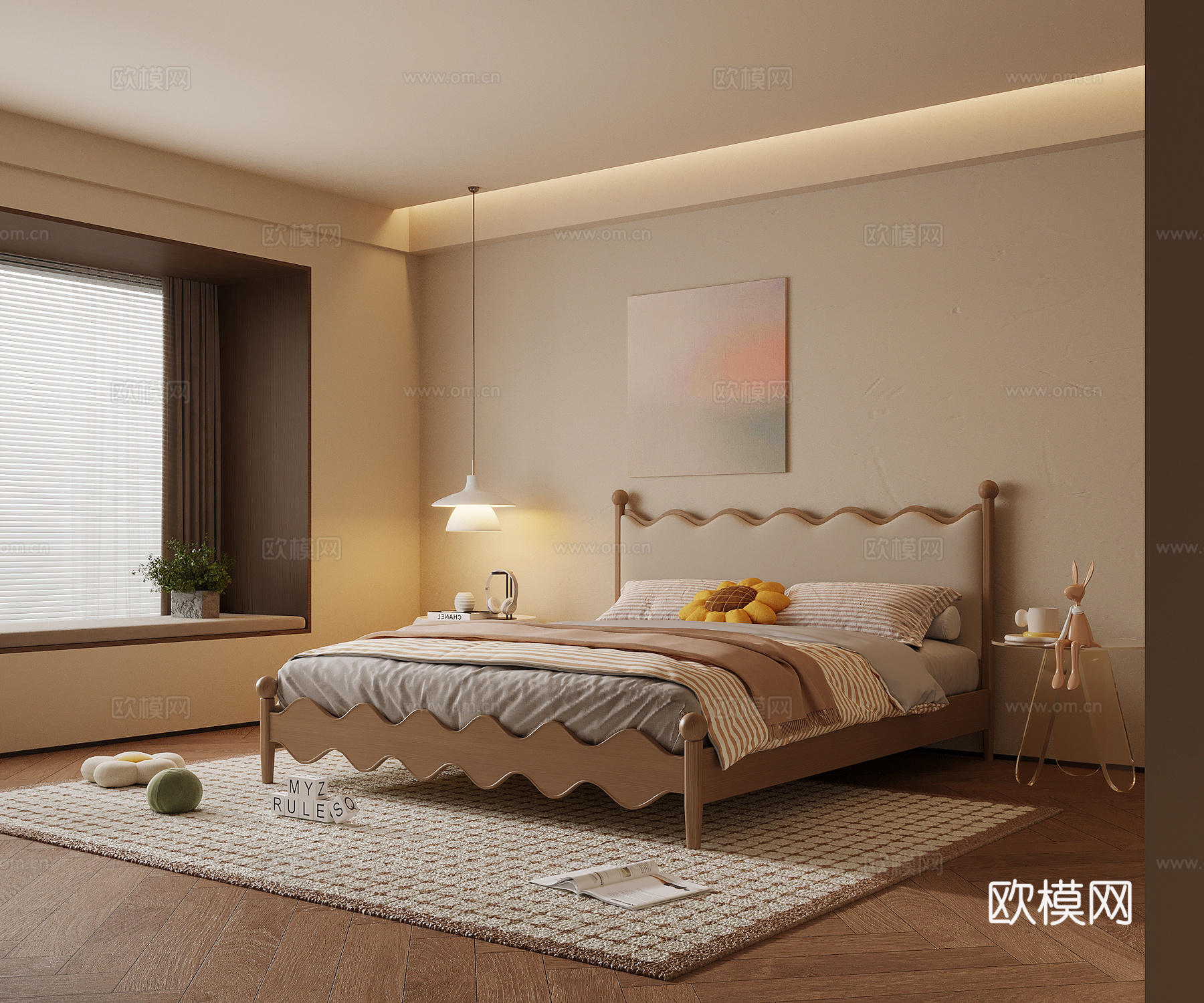 现代奶油风卧室 双人床 床头柜su模型