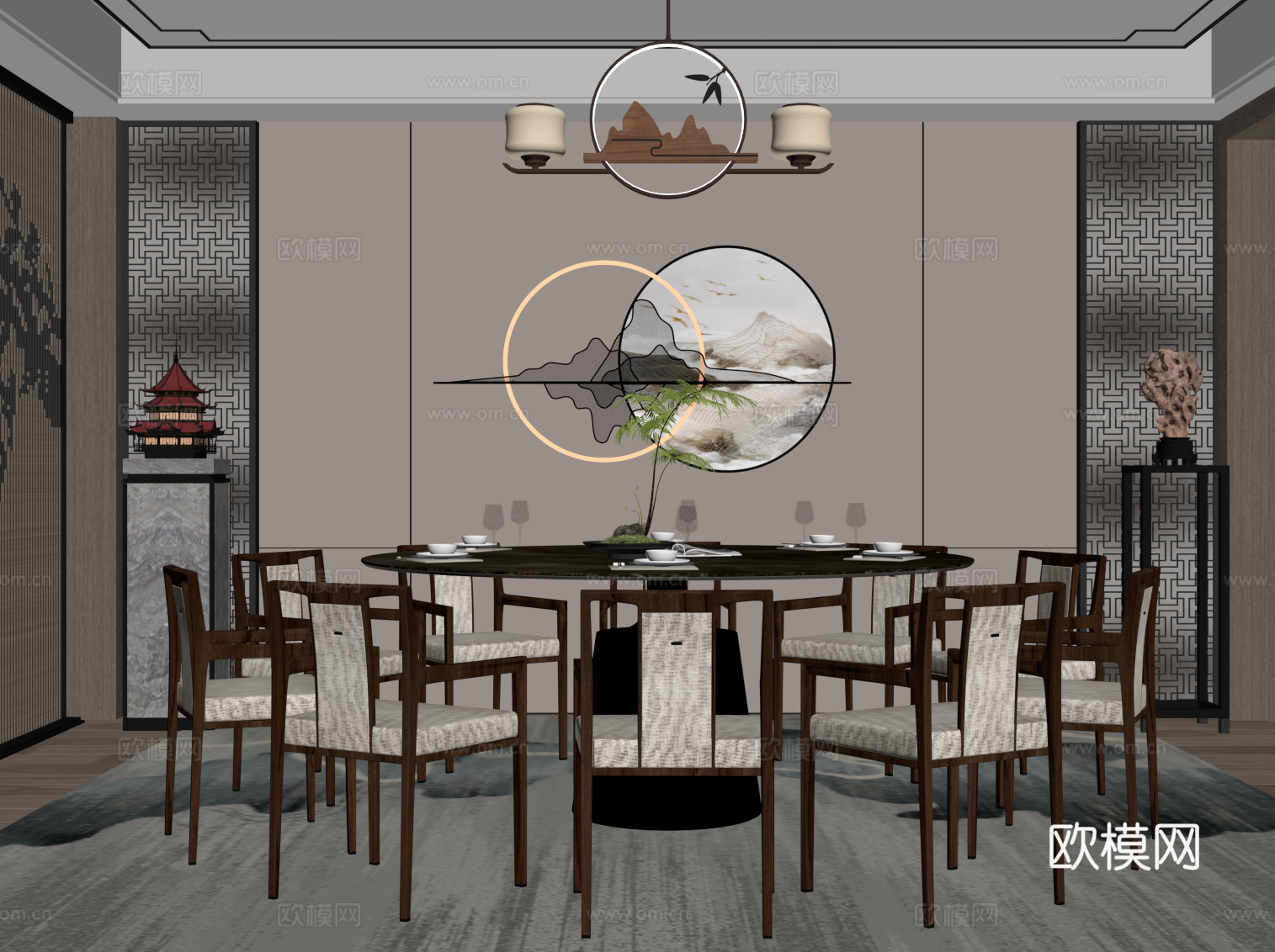 新中式餐厅 餐桌椅 圆形餐桌su模型