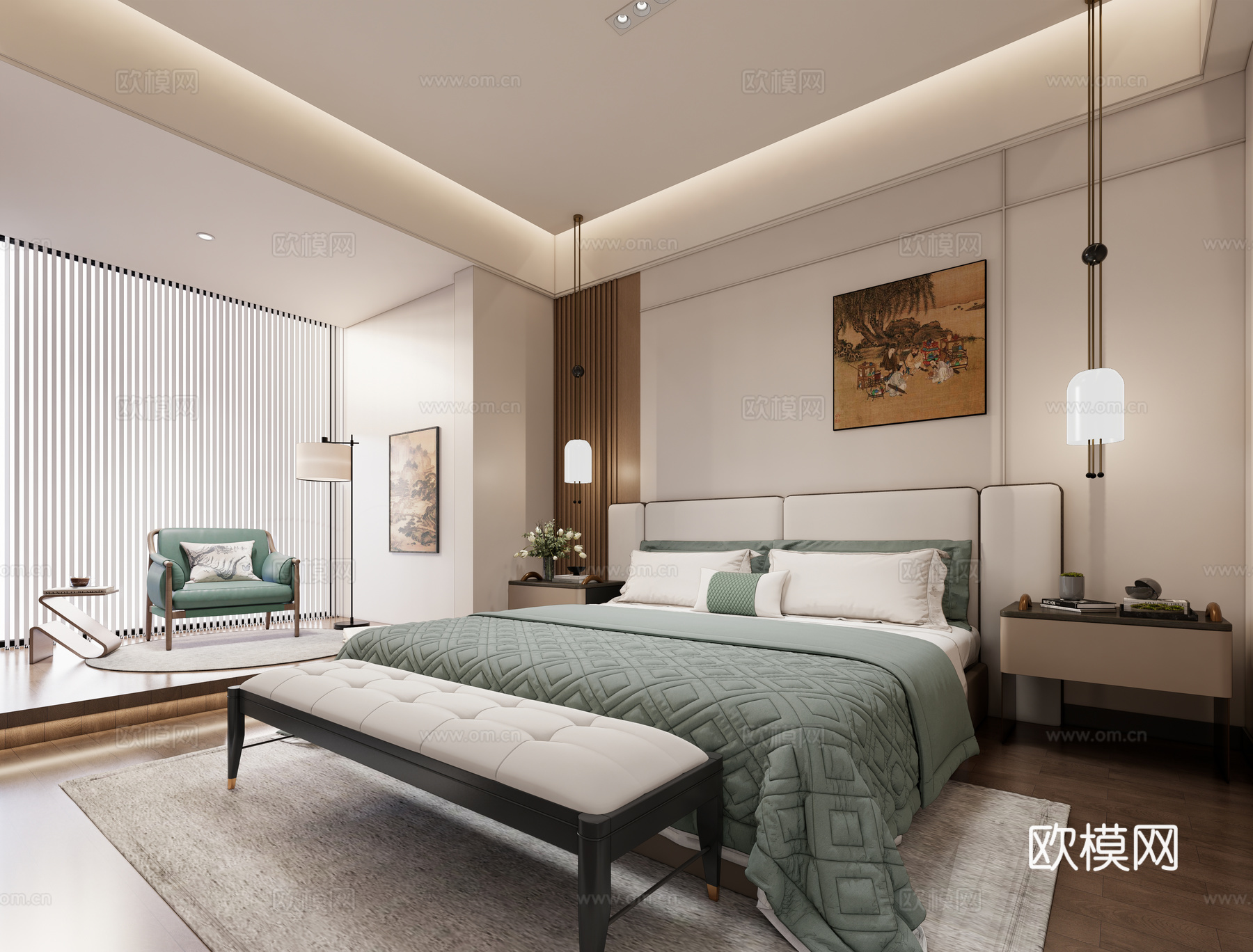 新中式中古主卧_新中式卧室_中式卧室_卧室_主卧_衣柜su模型