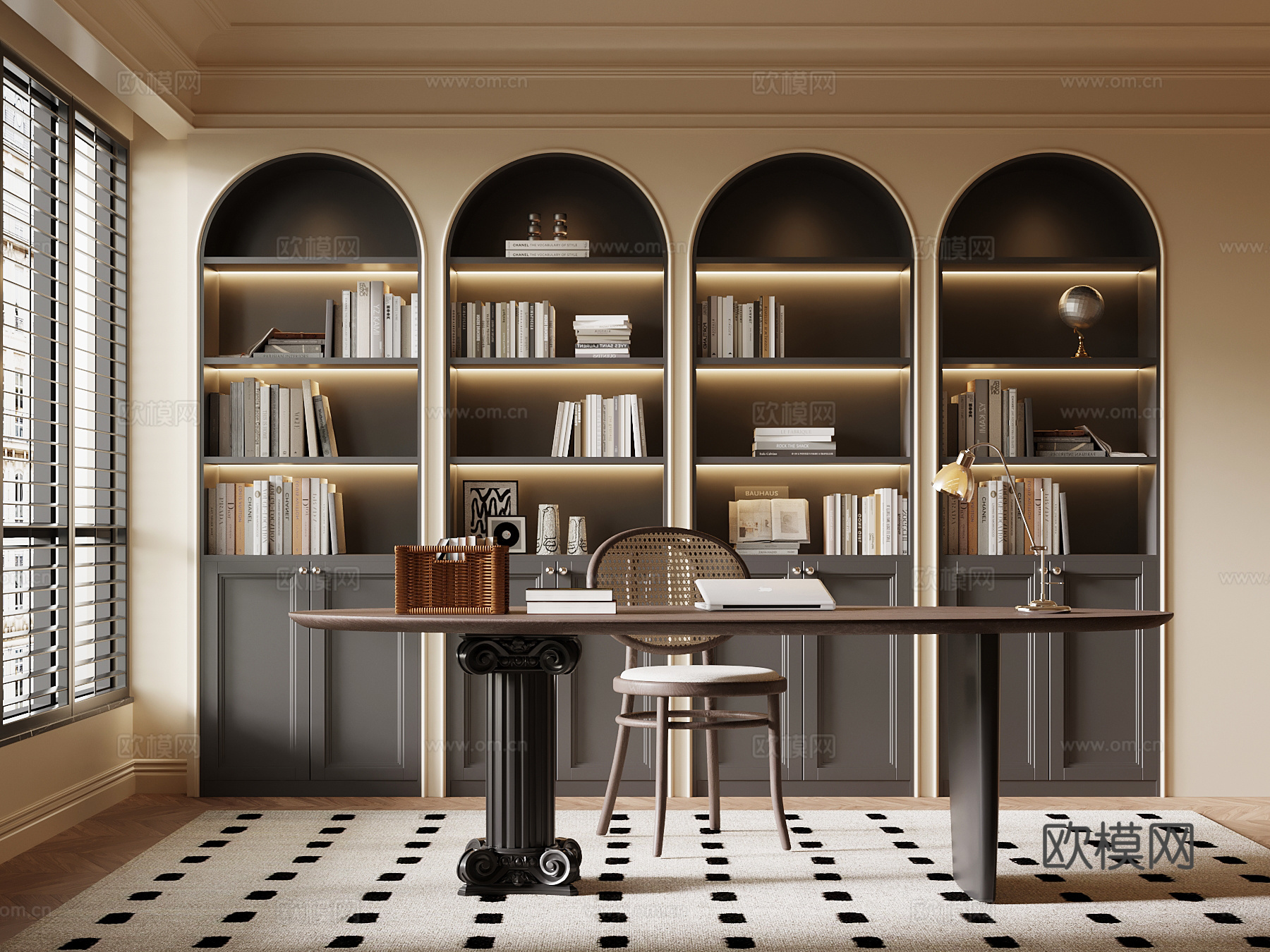 法式复古风书房 书柜 书桌椅su模型