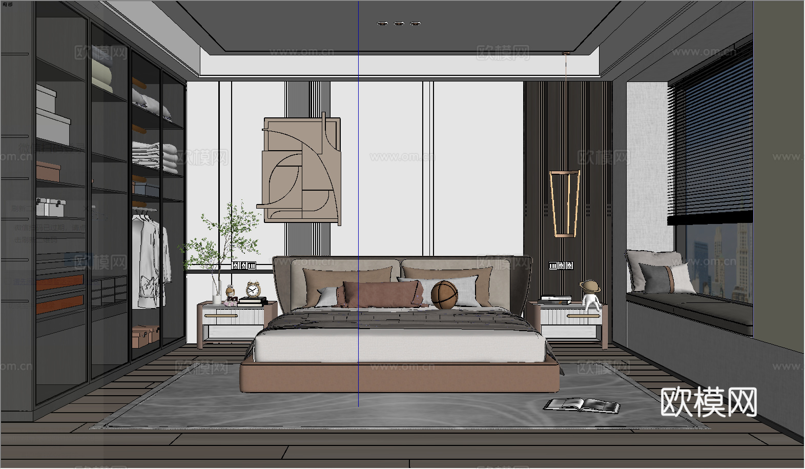 现代卧室_双人床_床头柜_吊灯_书桌椅_雕塑摆件su模型