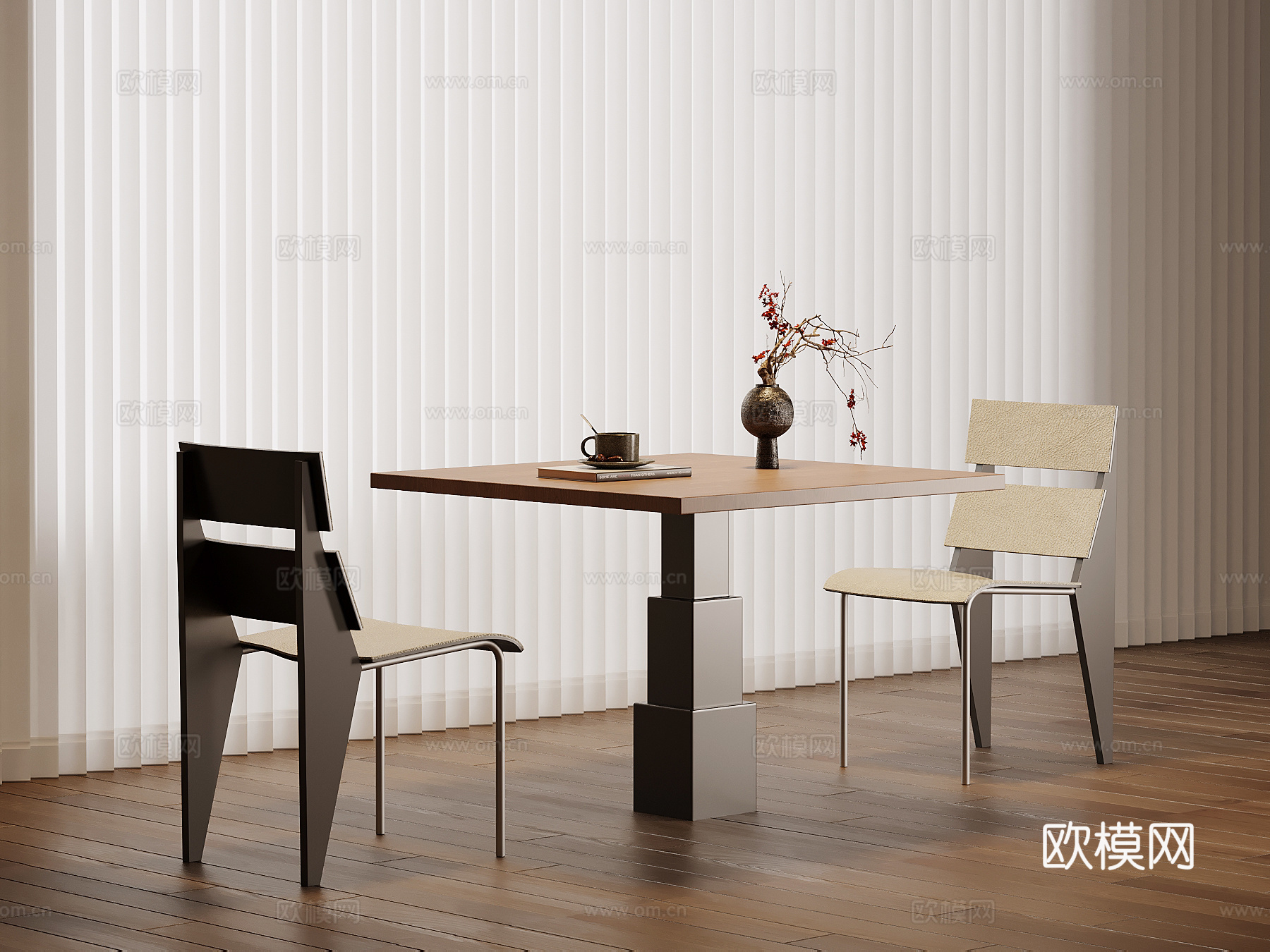 现代中古风休闲桌椅 洽谈桌椅su模型