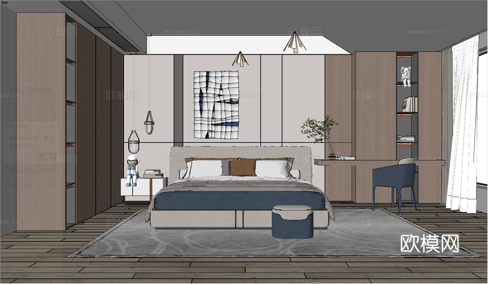 现代卧室_双人床_床头柜_吊灯_书桌椅_雕塑摆件su模型