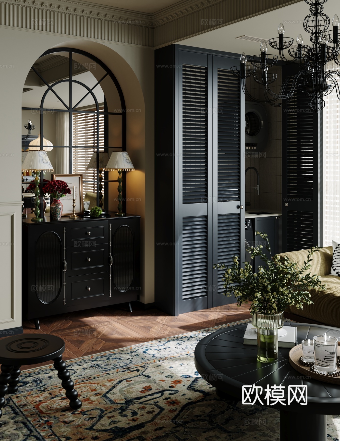 法式中古家居客厅 中古奶油风客厅 玄关柜 斗柜 USM边柜su模型