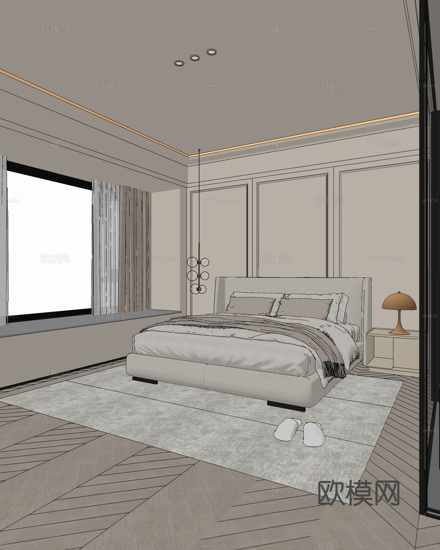 现代卧室 双人床 吊灯 台灯 主卧 老人房su模型