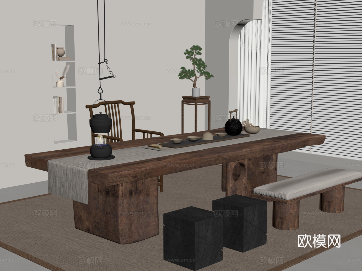 新中式茶桌椅 茶台su模型
