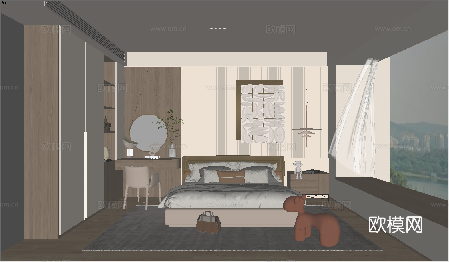 现代卧室_双人床_床头柜_吊灯_书桌椅_雕塑摆件su模型