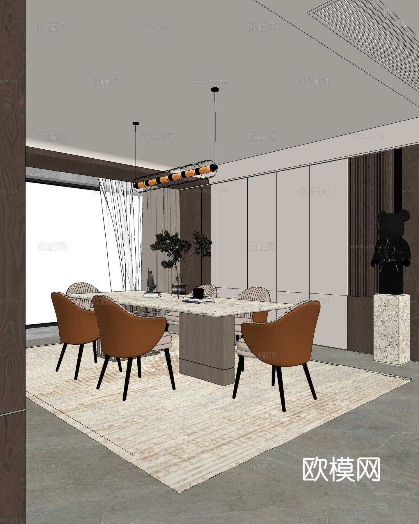 现代餐厅 餐桌椅 餐椅 吊灯 雕塑su模型