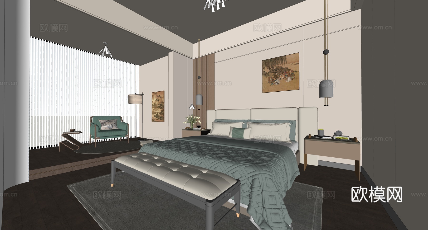 新中式中古主卧_新中式卧室_中式卧室_卧室_主卧_衣柜su模型